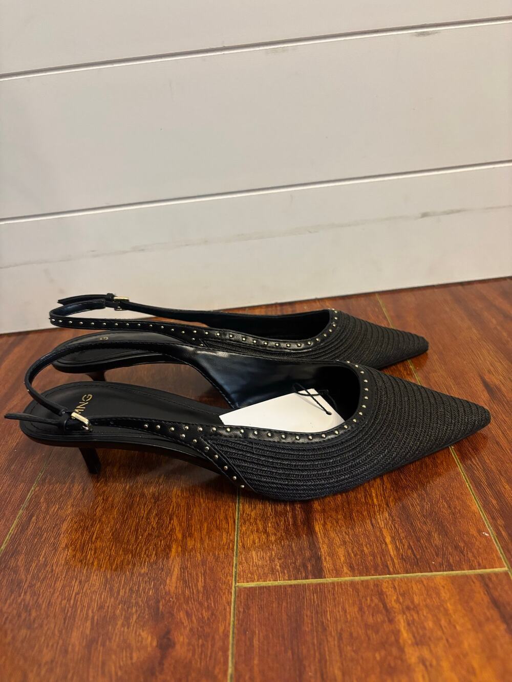 Mango Women’s Kitten Heel Shoes Slingback Natural Fiber Black Studs Size 7.5
